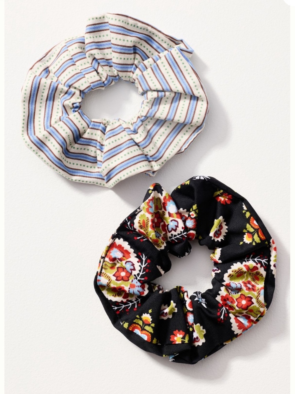 Anthropologie Striped Cream & Blue Scrunchie + Black Floral Scrunchie (Set of 2)